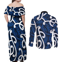 Aotearoa Maori Kowhaiwhai Couples Matching Off Shoulder Maxi Dress and Long Sleeve Button Shirt Kikorangi Puhoro and Patiki