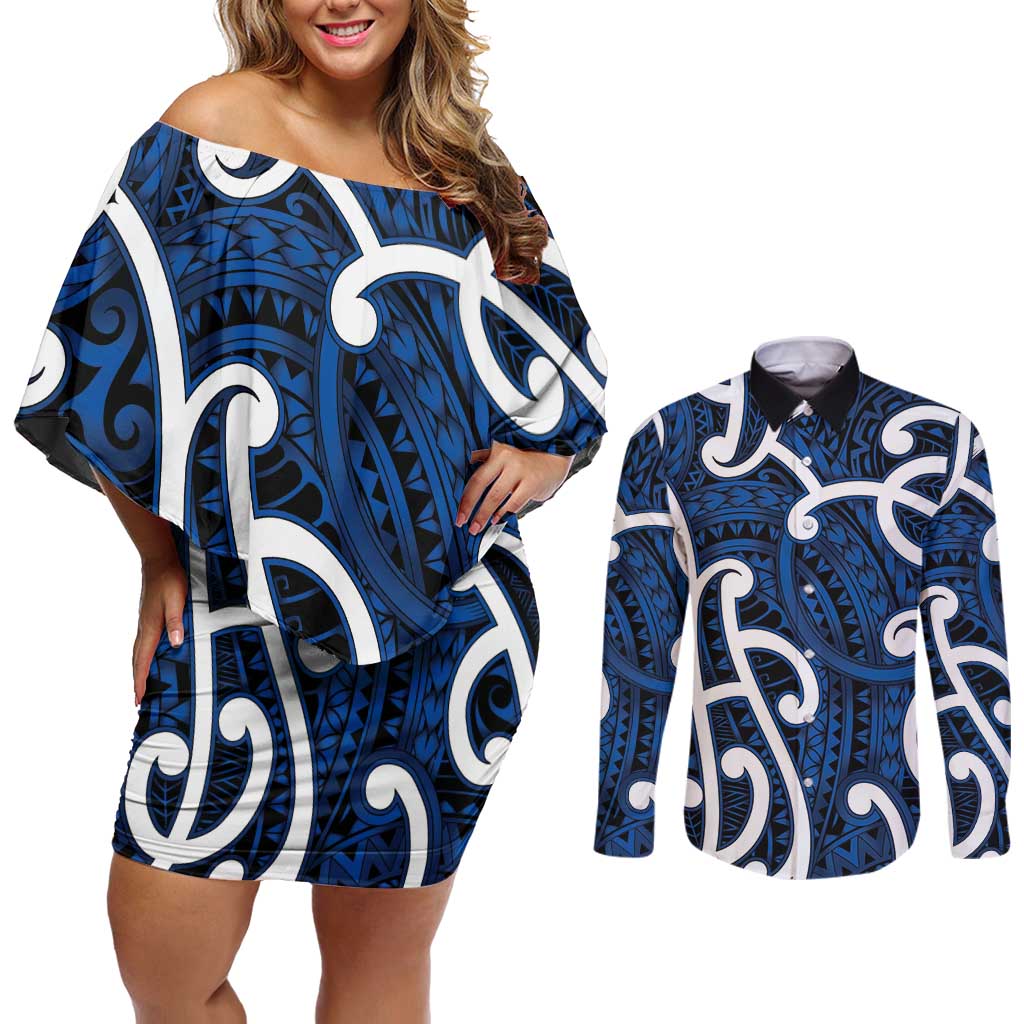 Aotearoa Maori Kowhaiwhai Couples Matching Off Shoulder Short Dress and Long Sleeve Button Shirt Kikorangi Puhoro and Patiki