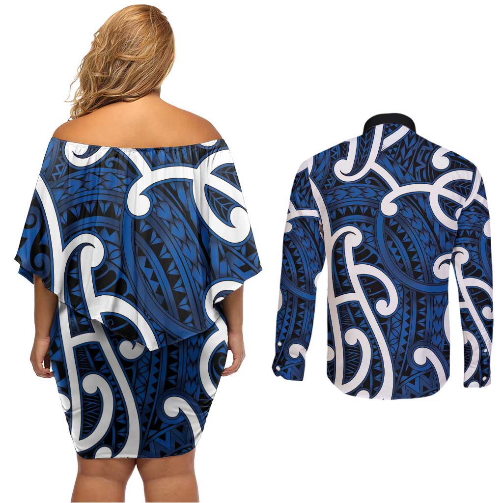 Aotearoa Maori Kowhaiwhai Couples Matching Off Shoulder Short Dress and Long Sleeve Button Shirt Kikorangi Puhoro and Patiki