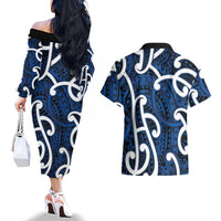 Aotearoa Maori Kowhaiwhai Couples Matching Off The Shoulder Long Sleeve Dress and Hawaiian Shirt Kikorangi Puhoro and Patiki LT9 - Polynesian Pride