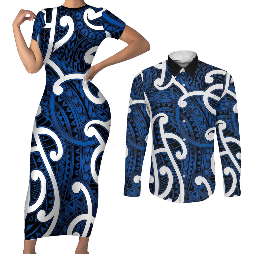 Aotearoa Maori Kowhaiwhai Couples Matching Short Sleeve Bodycon Dress and Long Sleeve Button Shirt Kikorangi Puhoro and Patiki