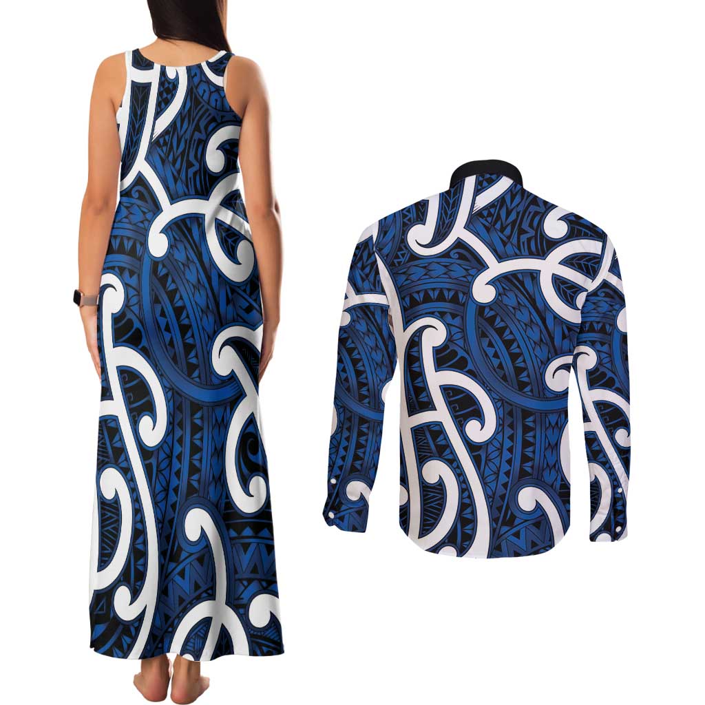 Aotearoa Maori Kowhaiwhai Couples Matching Tank Maxi Dress and Long Sleeve Button Shirt Kikorangi Puhoro and Patiki