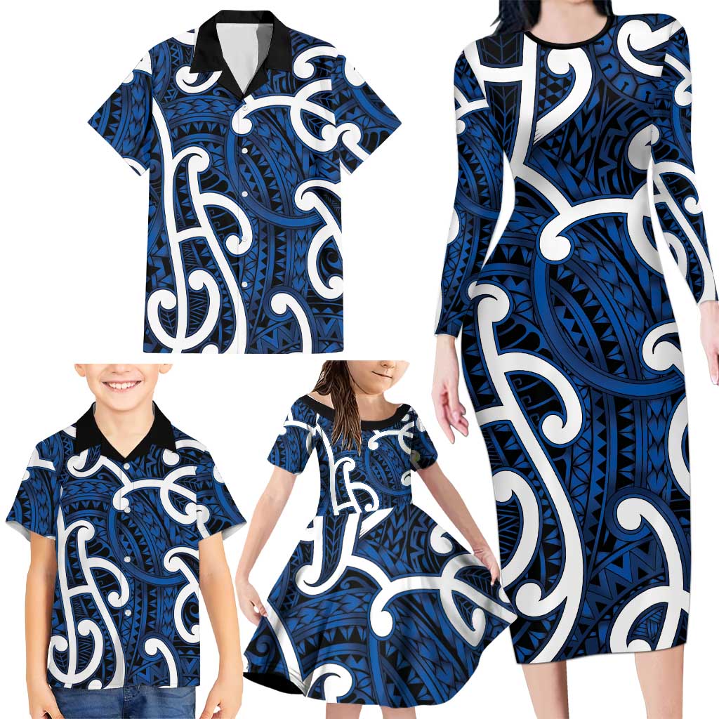 Aotearoa Maori Kowhaiwhai Family Matching Long Sleeve Bodycon Dress and Hawaiian Shirt Kikorangi Puhoro and Patiki
