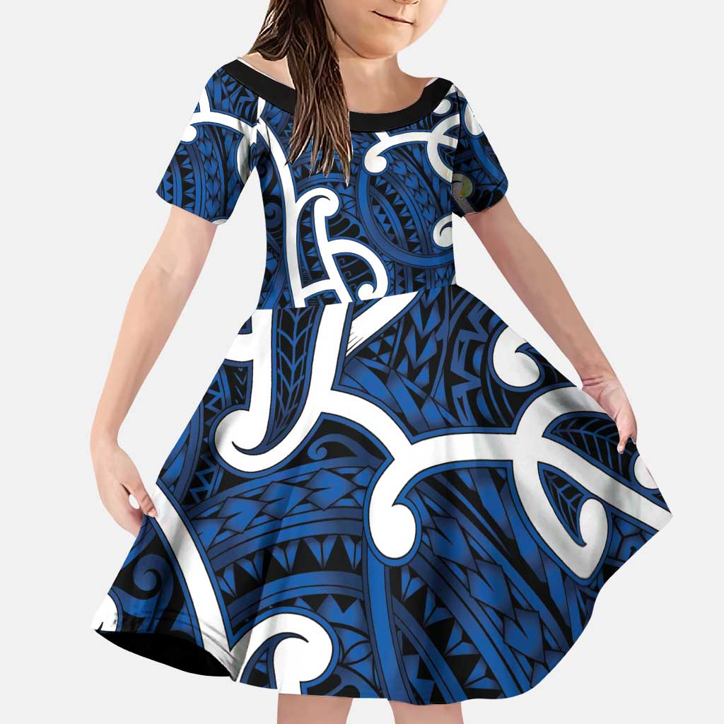 Aotearoa Maori Kowhaiwhai Family Matching Off Shoulder Short Dress and Hawaiian Shirt Kikorangi Puhoro and Patiki