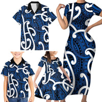 Aotearoa Maori Kowhaiwhai Family Matching Short Sleeve Bodycon Dress and Hawaiian Shirt Kikorangi Puhoro and Patiki