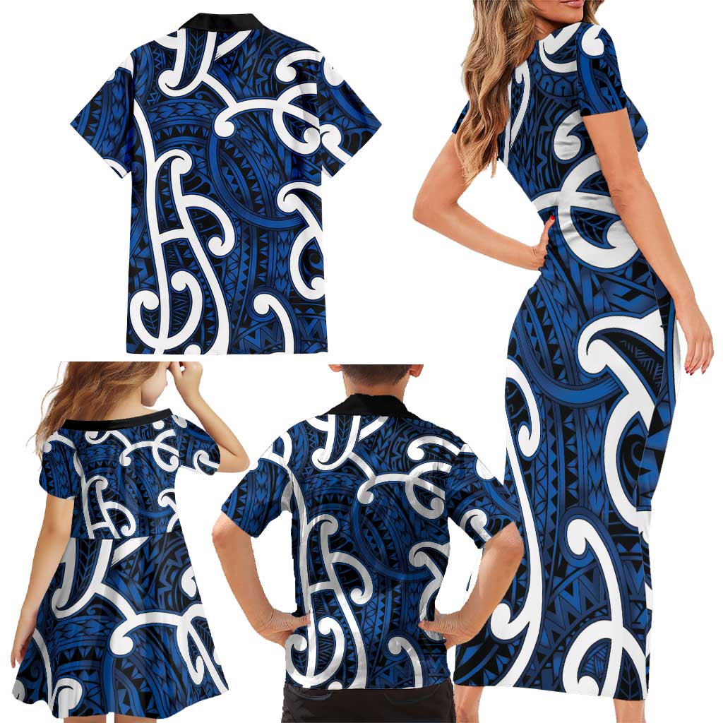 Aotearoa Maori Kowhaiwhai Family Matching Short Sleeve Bodycon Dress and Hawaiian Shirt Kikorangi Puhoro and Patiki
