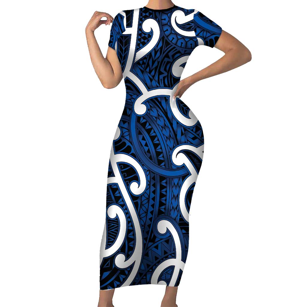 Aotearoa Maori Kowhaiwhai Family Matching Short Sleeve Bodycon Dress and Hawaiian Shirt Kikorangi Puhoro and Patiki
