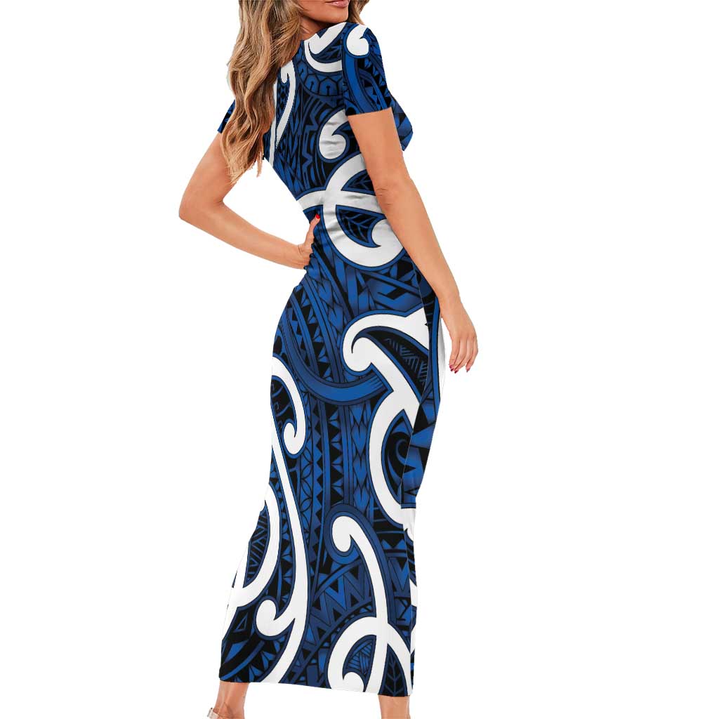 Aotearoa Maori Kowhaiwhai Family Matching Short Sleeve Bodycon Dress and Hawaiian Shirt Kikorangi Puhoro and Patiki