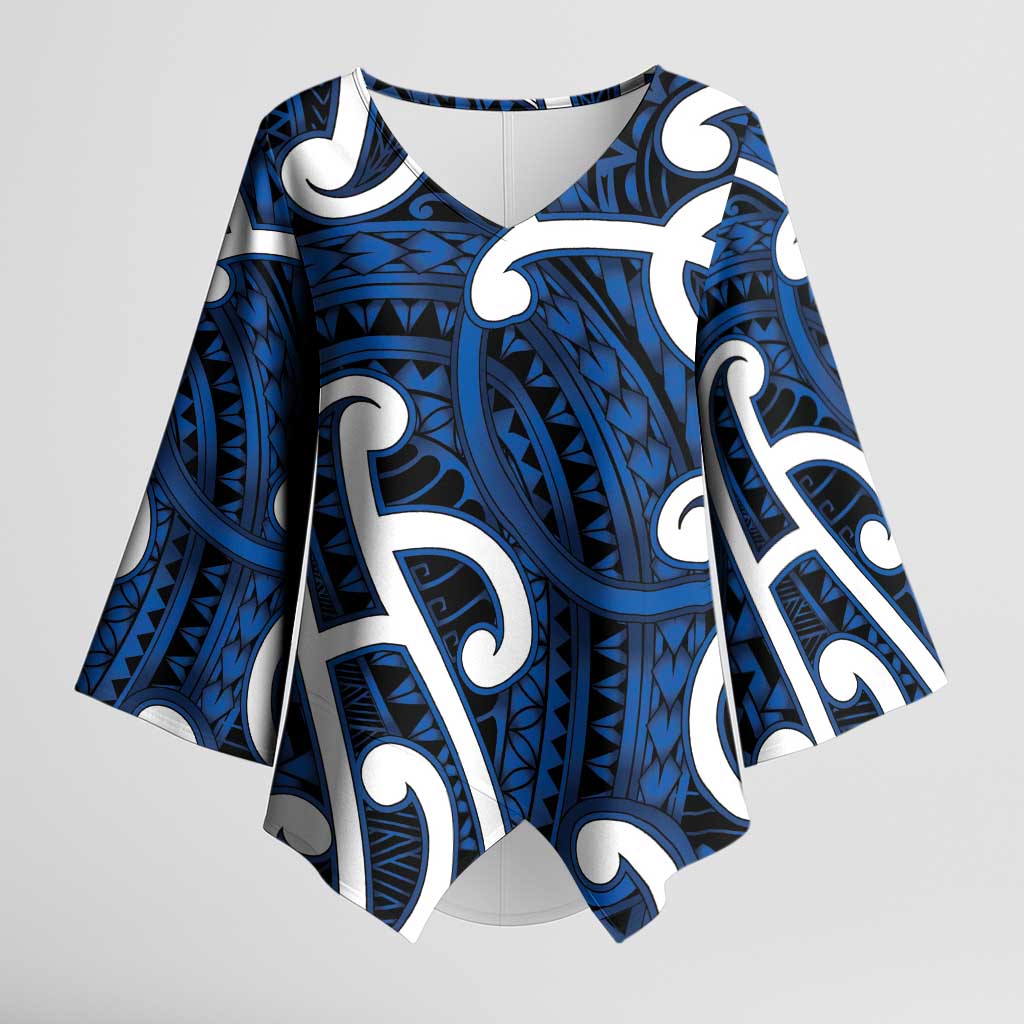 Aotearoa Maori Kowhaiwhai Kimono Sleeve Blouse Kikorangi Puhoro and Patiki