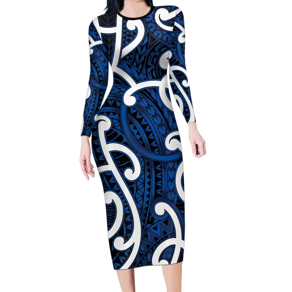 Aotearoa Maori Kowhaiwhai Long Sleeve Bodycon Dress Kikorangi Puhoro and Patiki