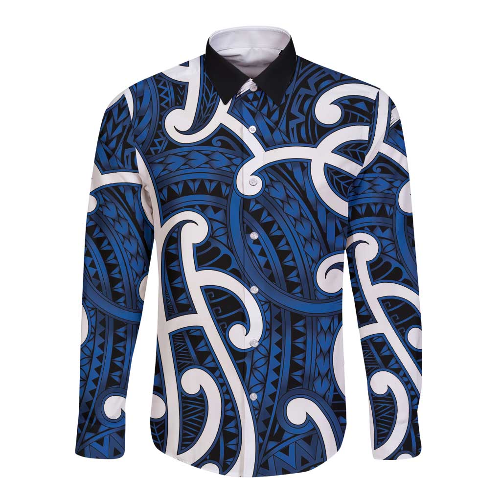 Aotearoa Maori Kowhaiwhai Long Sleeve Button Shirt Kikorangi Puhoro and Patiki