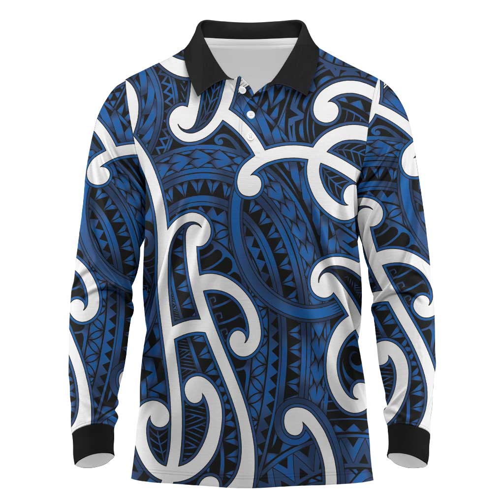Aotearoa Maori Kowhaiwhai Long Sleeve Polo Shirt Kikorangi Puhoro and Patiki LT9 Blue - Polynesian Pride