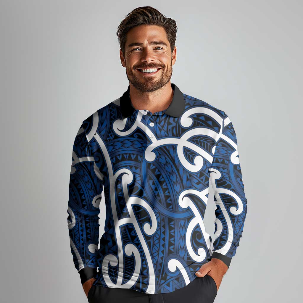 Aotearoa Maori Kowhaiwhai Long Sleeve Polo Shirt Kikorangi Puhoro and Patiki LT9 - Polynesian Pride