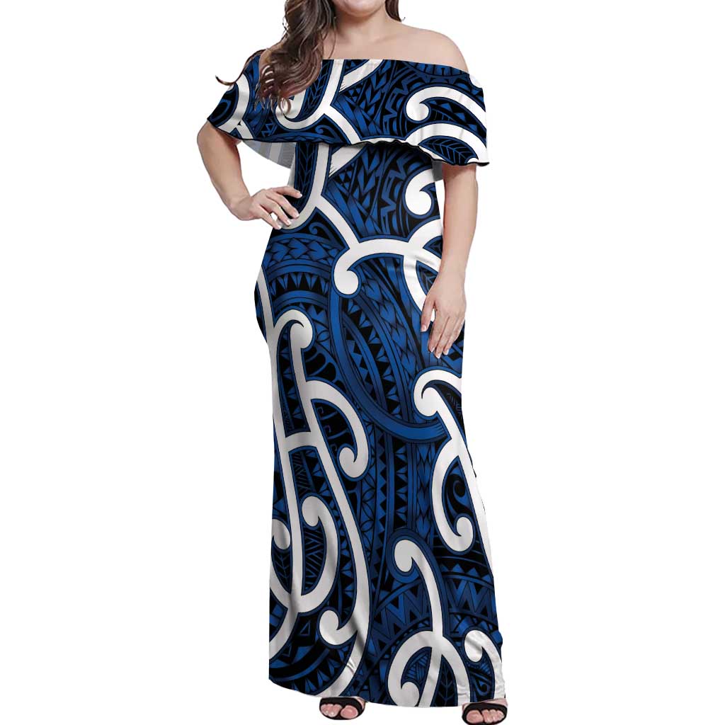 Aotearoa Maori Kowhaiwhai Off Shoulder Maxi Dress Kikorangi Puhoro and Patiki