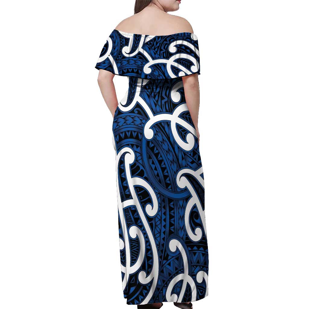 Aotearoa Maori Kowhaiwhai Off Shoulder Maxi Dress Kikorangi Puhoro and Patiki