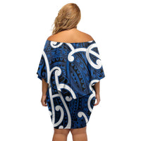 Aotearoa Maori Kowhaiwhai Off Shoulder Short Dress Kikorangi Puhoro and Patiki