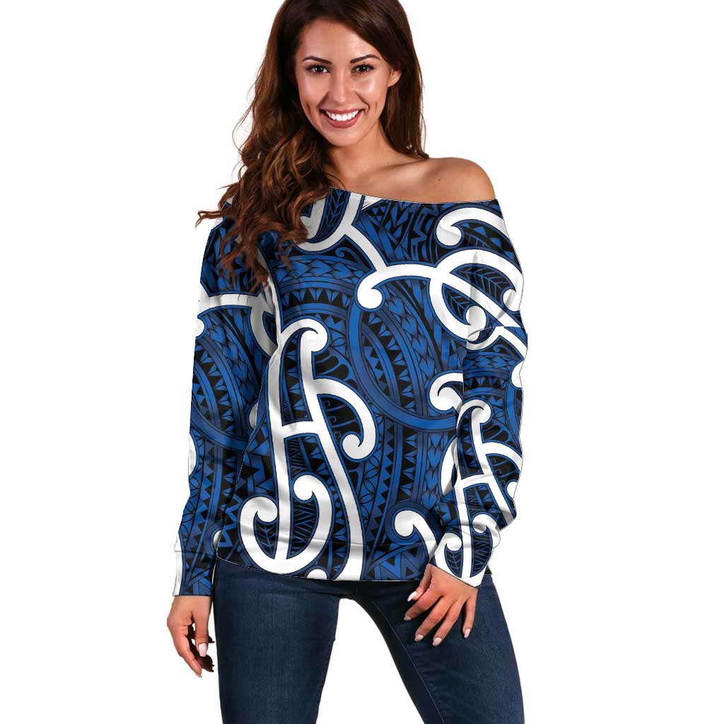 Aotearoa Maori Kowhaiwhai Off Shoulder Sweater Kikorangi Puhoro and Patiki