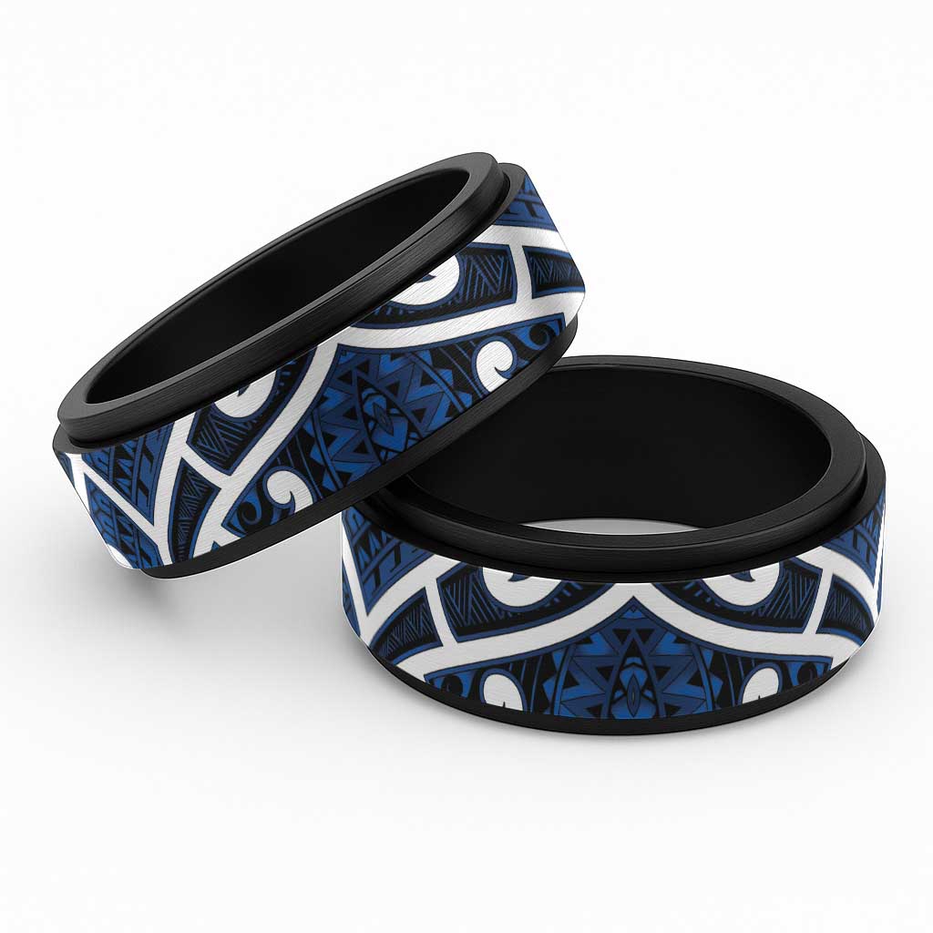 Aotearoa Maori Kowhaiwhai Spinner Ring Kikorangi Puhoro and Patiki LT9 Black Blue - Polynesian Pride