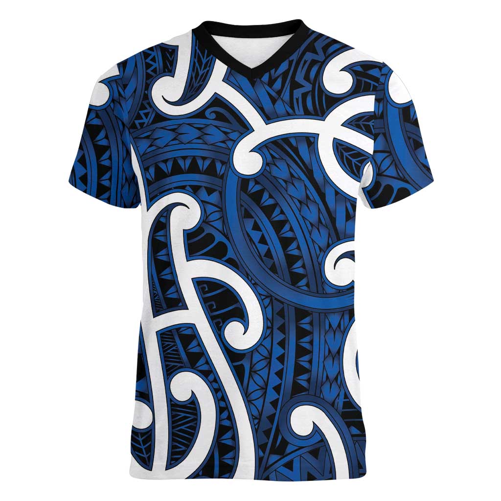 Aotearoa Maori Kowhaiwhai Women V-Neck T-Shirt Kikorangi Puhoro and Patiki