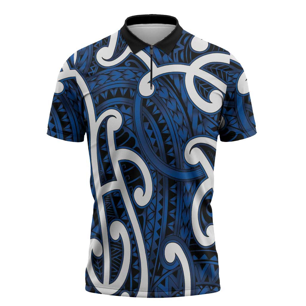 Aotearoa Maori Kowhaiwhai Zipper Polo Shirt Kikorangi Puhoro and Patiki LT9 Blue - Polynesian Pride