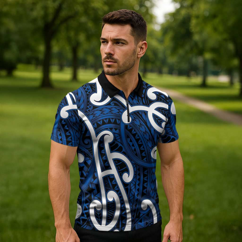 Aotearoa Maori Kowhaiwhai Zipper Polo Shirt Kikorangi Puhoro and Patiki LT9 - Polynesian Pride