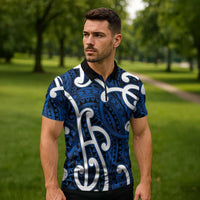 Aotearoa Maori Kowhaiwhai Zipper Polo Shirt Kikorangi Puhoro and Patiki LT9 - Polynesian Pride