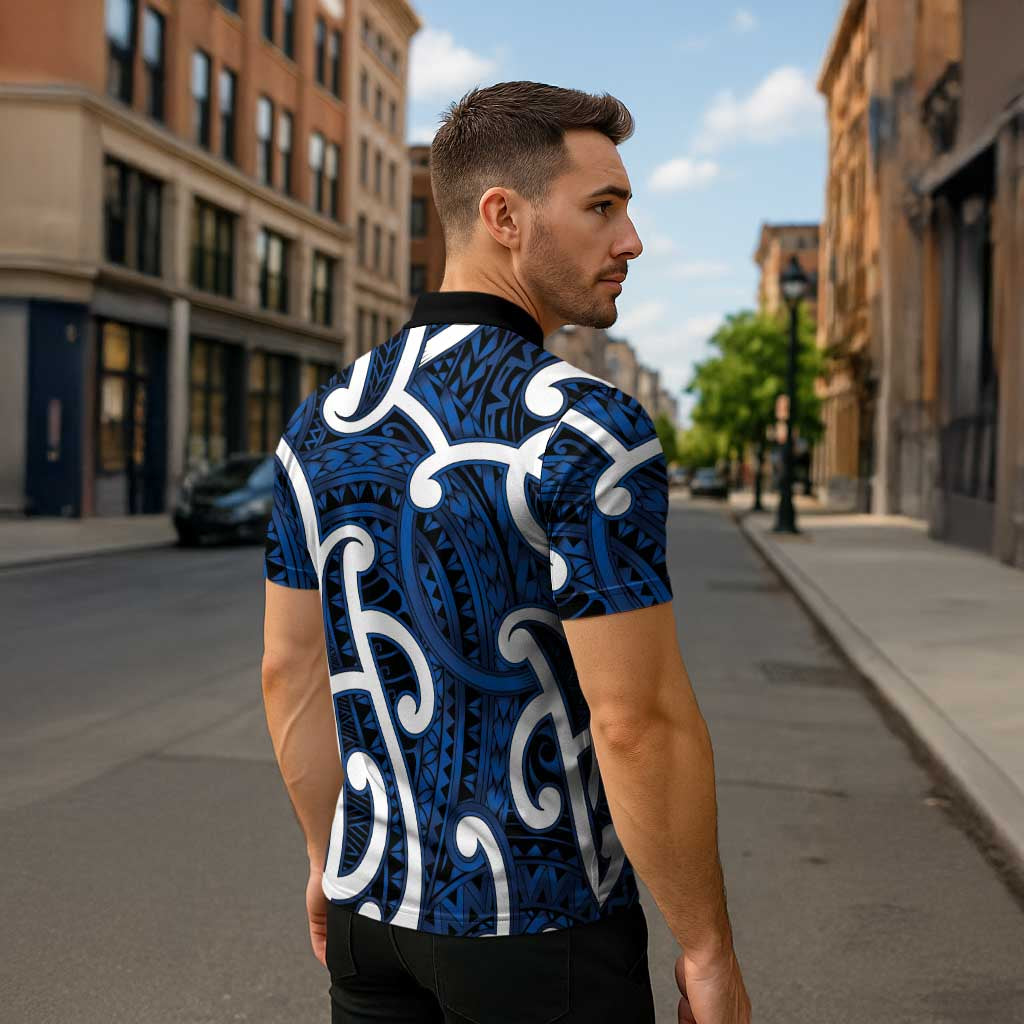 Aotearoa Maori Kowhaiwhai Zipper Polo Shirt Kikorangi Puhoro and Patiki LT9 - Polynesian Pride