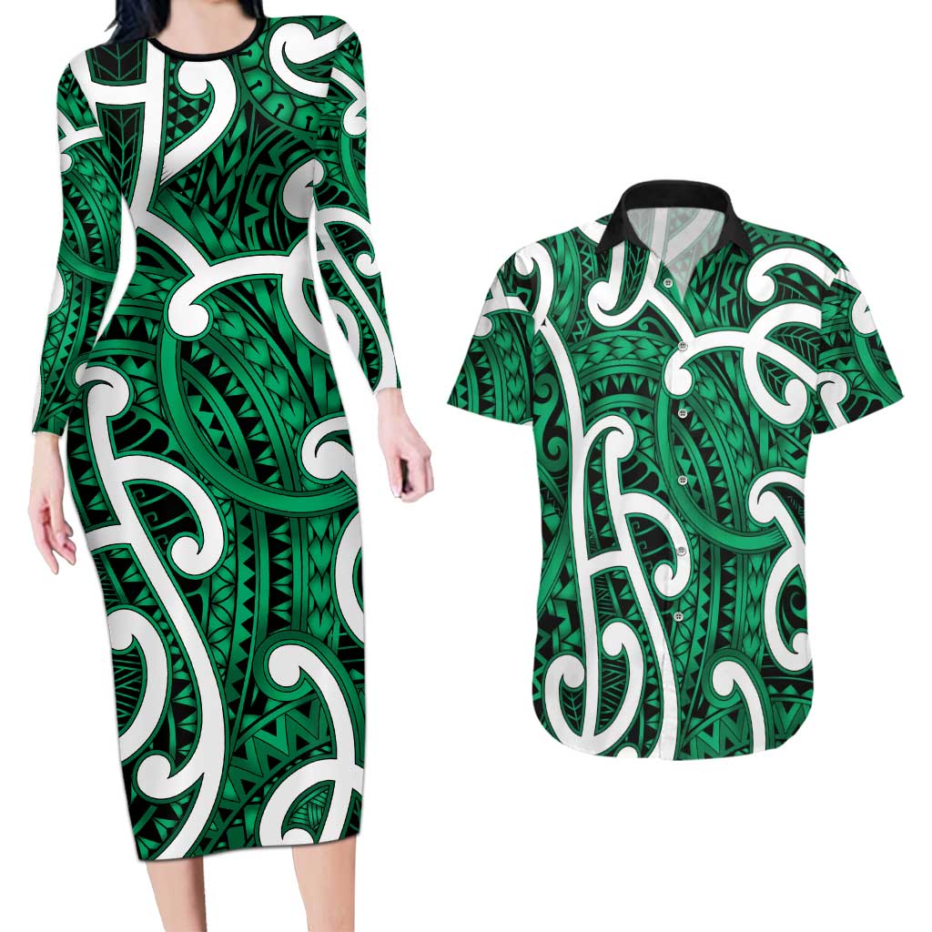 Aotearoa Maori Kowhaiwhai Couples Matching Long Sleeve Bodycon Dress and Hawaiian Shirt Kakariki Puhoro and Patiki LT9 Green - Polynesian Pride
