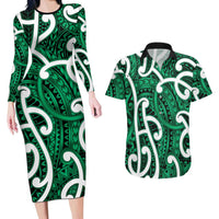 Aotearoa Maori Kowhaiwhai Couples Matching Long Sleeve Bodycon Dress and Hawaiian Shirt Kakariki Puhoro and Patiki LT9 Green - Polynesian Pride
