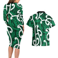 Aotearoa Maori Kowhaiwhai Couples Matching Long Sleeve Bodycon Dress and Hawaiian Shirt Kakariki Puhoro and Patiki LT9 - Polynesian Pride