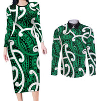 Aotearoa Maori Kowhaiwhai Couples Matching Long Sleeve Bodycon Dress and Long Sleeve Button Shirt Kakariki Puhoro and Patiki