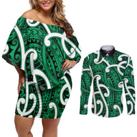 Aotearoa Maori Kowhaiwhai Couples Matching Off Shoulder Short Dress and Long Sleeve Button Shirt Kakariki Puhoro and Patiki