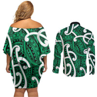 Aotearoa Maori Kowhaiwhai Couples Matching Off Shoulder Short Dress and Long Sleeve Button Shirt Kakariki Puhoro and Patiki