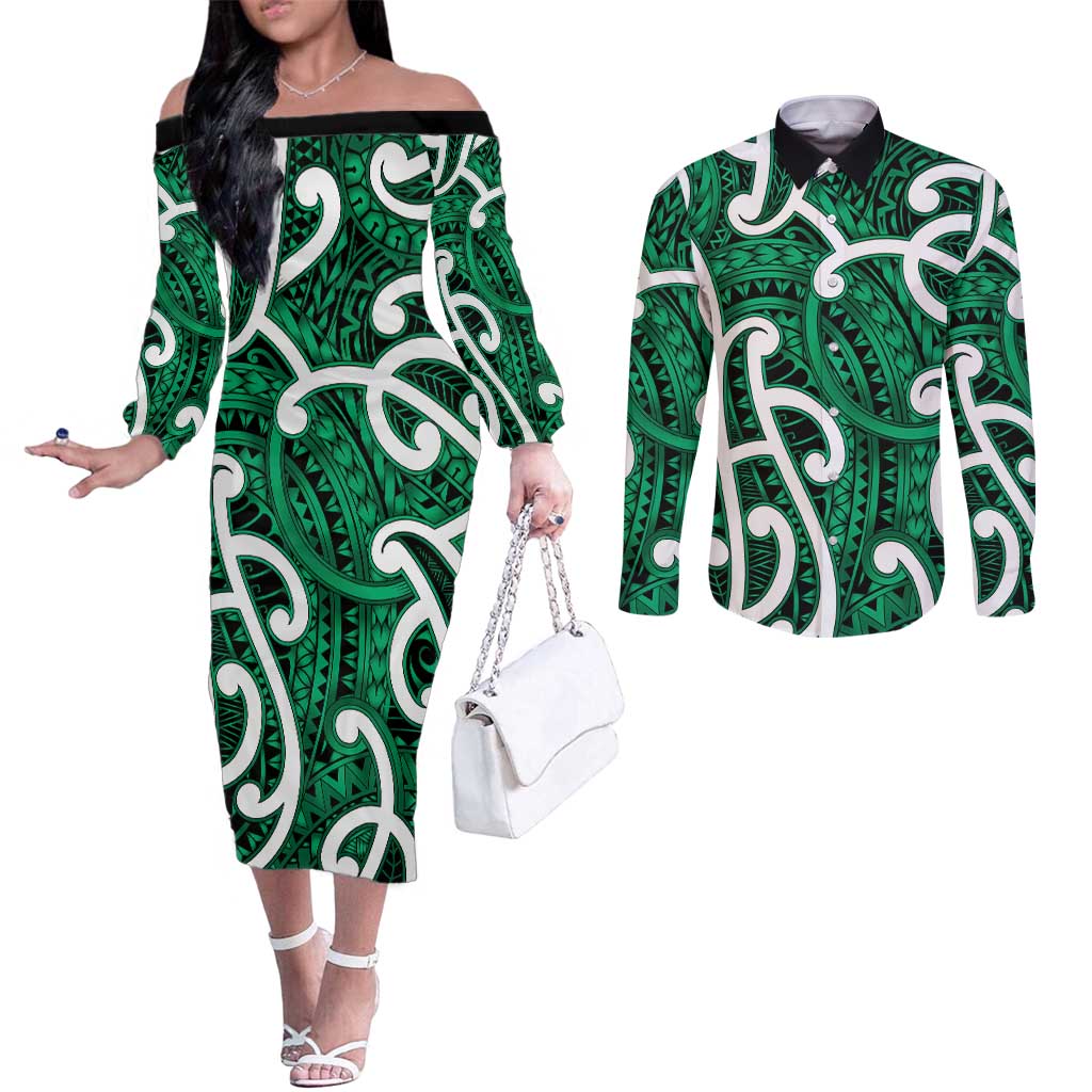 Aotearoa Maori Kowhaiwhai Couples Matching Off The Shoulder Long Sleeve Dress and Long Sleeve Button Shirt Kakariki Puhoro and Patiki
