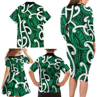 Aotearoa Maori Kowhaiwhai Family Matching Long Sleeve Bodycon Dress and Hawaiian Shirt Kakariki Puhoro and Patiki