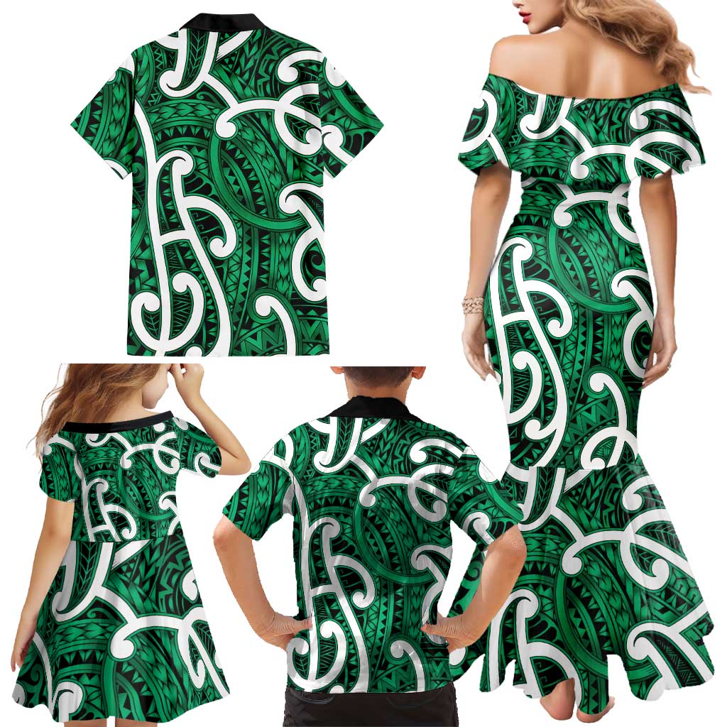 Aotearoa Maori Kowhaiwhai Family Matching Mermaid Dress and Hawaiian Shirt Kakariki Puhoro and Patiki