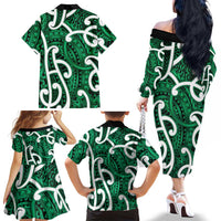 Aotearoa Maori Kowhaiwhai Family Matching Off The Shoulder Long Sleeve Dress and Hawaiian Shirt Kakariki Puhoro and Patiki
