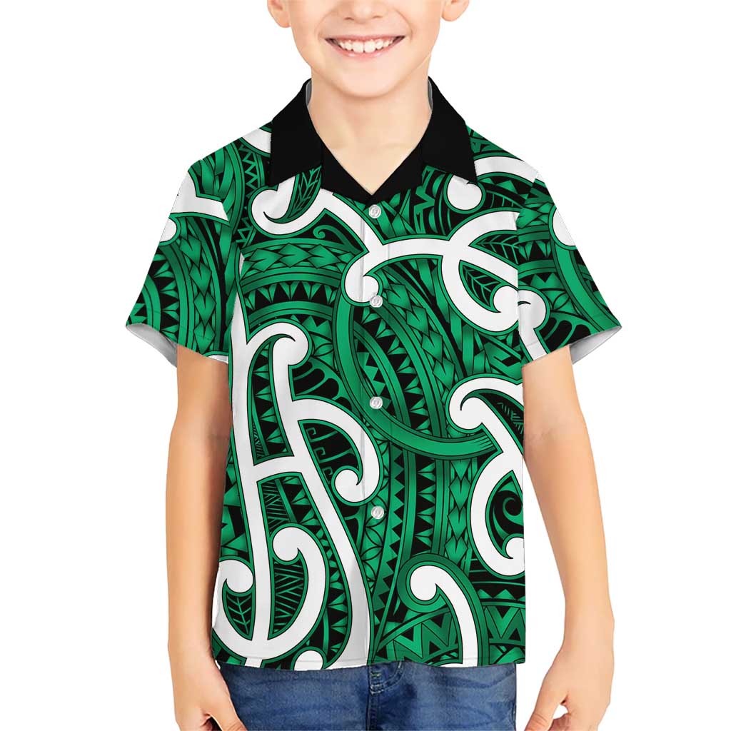 Aotearoa Maori Kowhaiwhai Family Matching Off The Shoulder Long Sleeve Dress and Hawaiian Shirt Kakariki Puhoro and Patiki