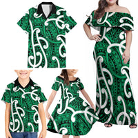 Aotearoa Maori Kowhaiwhai Family Matching Off Shoulder Maxi Dress and Hawaiian Shirt Kakariki Puhoro and Patiki