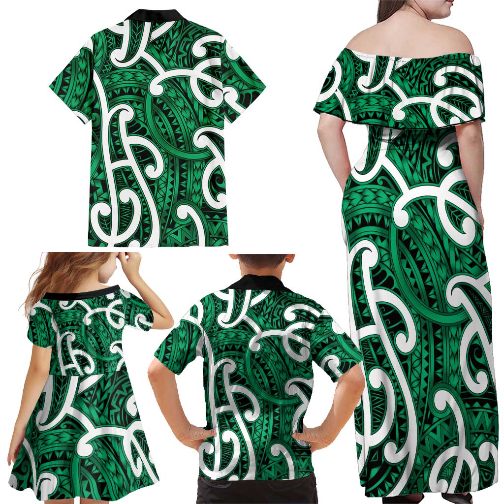 Aotearoa Maori Kowhaiwhai Family Matching Off Shoulder Maxi Dress and Hawaiian Shirt Kakariki Puhoro and Patiki
