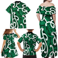Aotearoa Maori Kowhaiwhai Family Matching Off Shoulder Maxi Dress and Hawaiian Shirt Kakariki Puhoro and Patiki