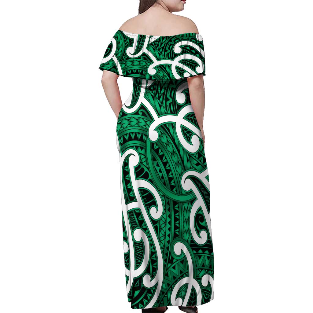 Aotearoa Maori Kowhaiwhai Family Matching Off Shoulder Maxi Dress and Hawaiian Shirt Kakariki Puhoro and Patiki