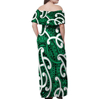 Aotearoa Maori Kowhaiwhai Family Matching Off Shoulder Maxi Dress and Hawaiian Shirt Kakariki Puhoro and Patiki