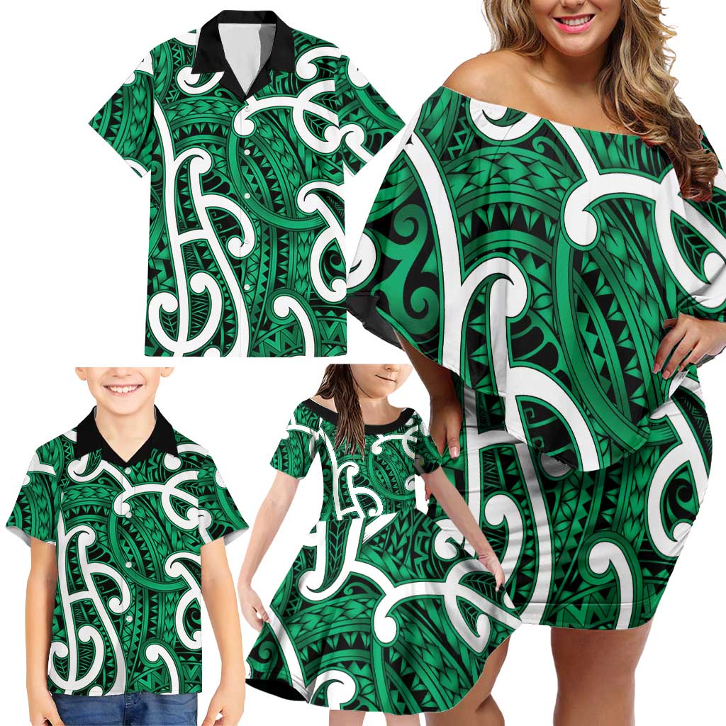 Aotearoa Maori Kowhaiwhai Family Matching Off Shoulder Short Dress and Hawaiian Shirt Kakariki Puhoro and Patiki