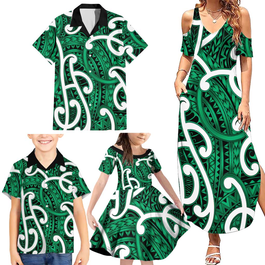 Aotearoa Maori Kowhaiwhai Family Matching Summer Maxi Dress and Hawaiian Shirt Kakariki Puhoro and Patiki