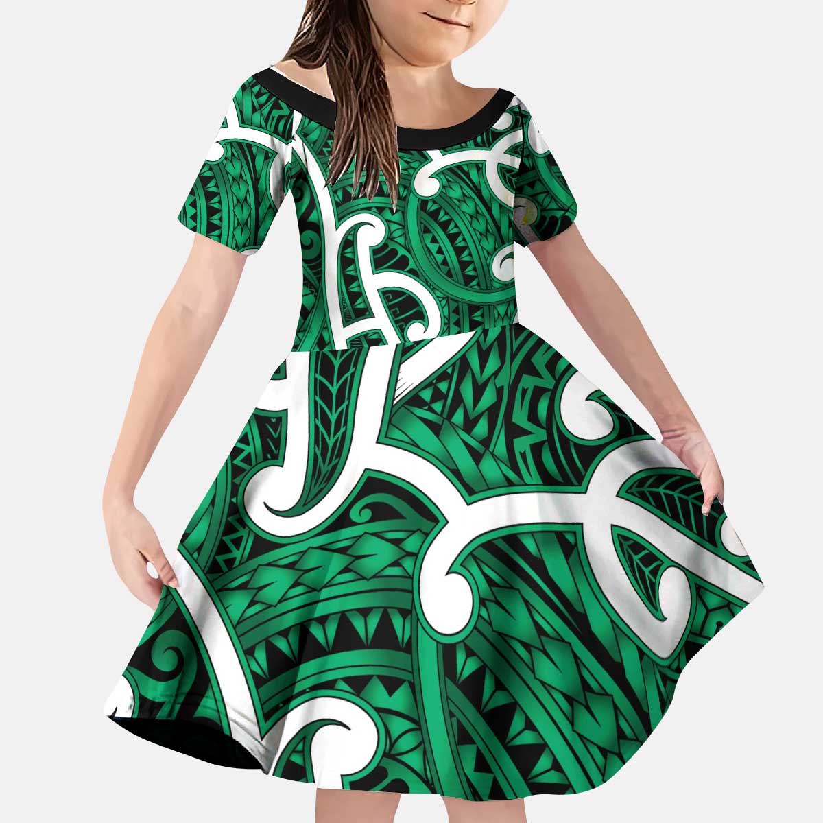 Aotearoa Maori Kowhaiwhai Kid Short Sleeve Dress Kakariki Puhoro and Patiki