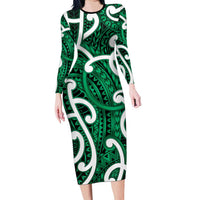 Aotearoa Maori Kowhaiwhai Long Sleeve Bodycon Dress Kakariki Puhoro and Patiki LT9 Long Dress Green - Polynesian Pride