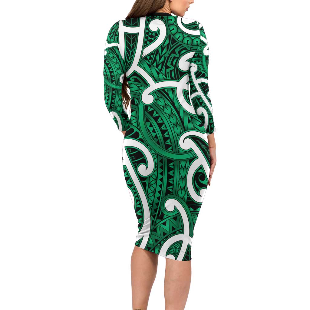 Aotearoa Maori Kowhaiwhai Long Sleeve Bodycon Dress Kakariki Puhoro and Patiki LT9 - Polynesian Pride