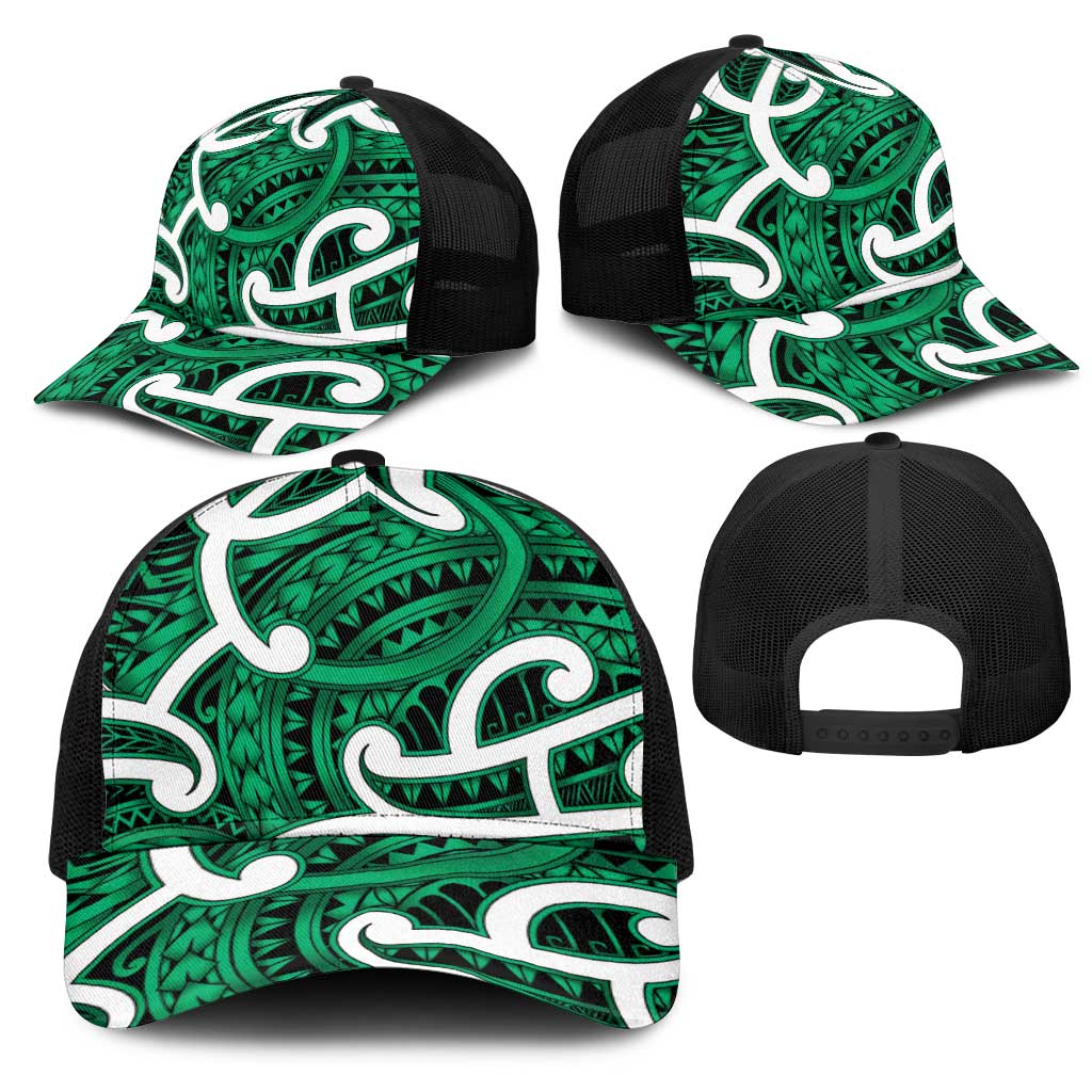 Aotearoa Maori Kowhaiwhai Mesh Trucker Cap Kakariki Puhoro and Patiki