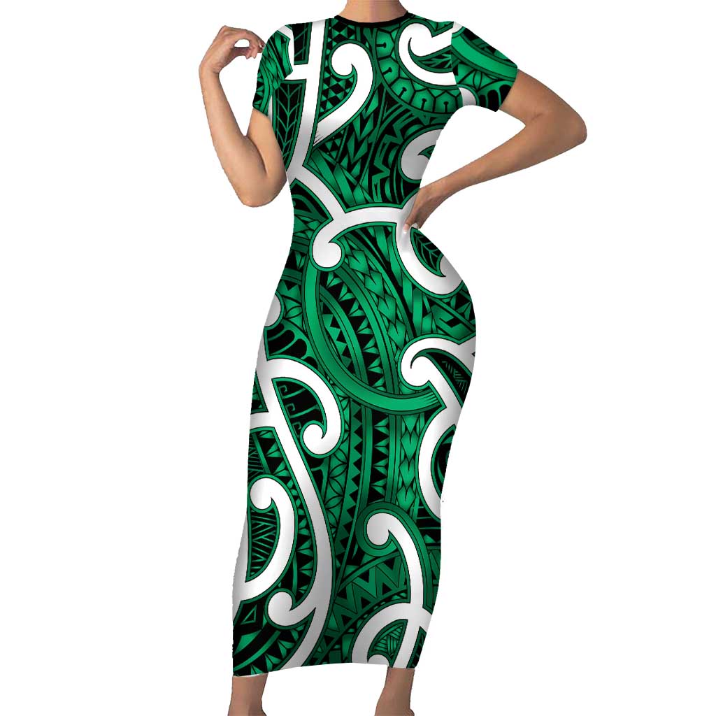 Aotearoa Maori Kowhaiwhai Short Sleeve Bodycon Dress Kakariki Puhoro and Patiki LT9 Long Dress Green - Polynesian Pride